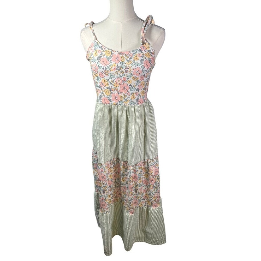 Abby & Evie Floral Print Tiered Maxi Dress Womens Size S Green White Pink Yellow